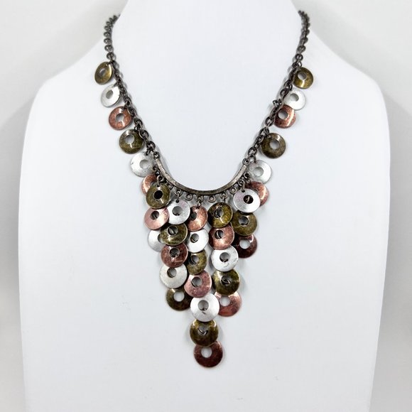 BOHO Vibes Tri-Colored Disk Dangle Brass Tone 14” Chain Choker Necklace - Picture 2 of 8